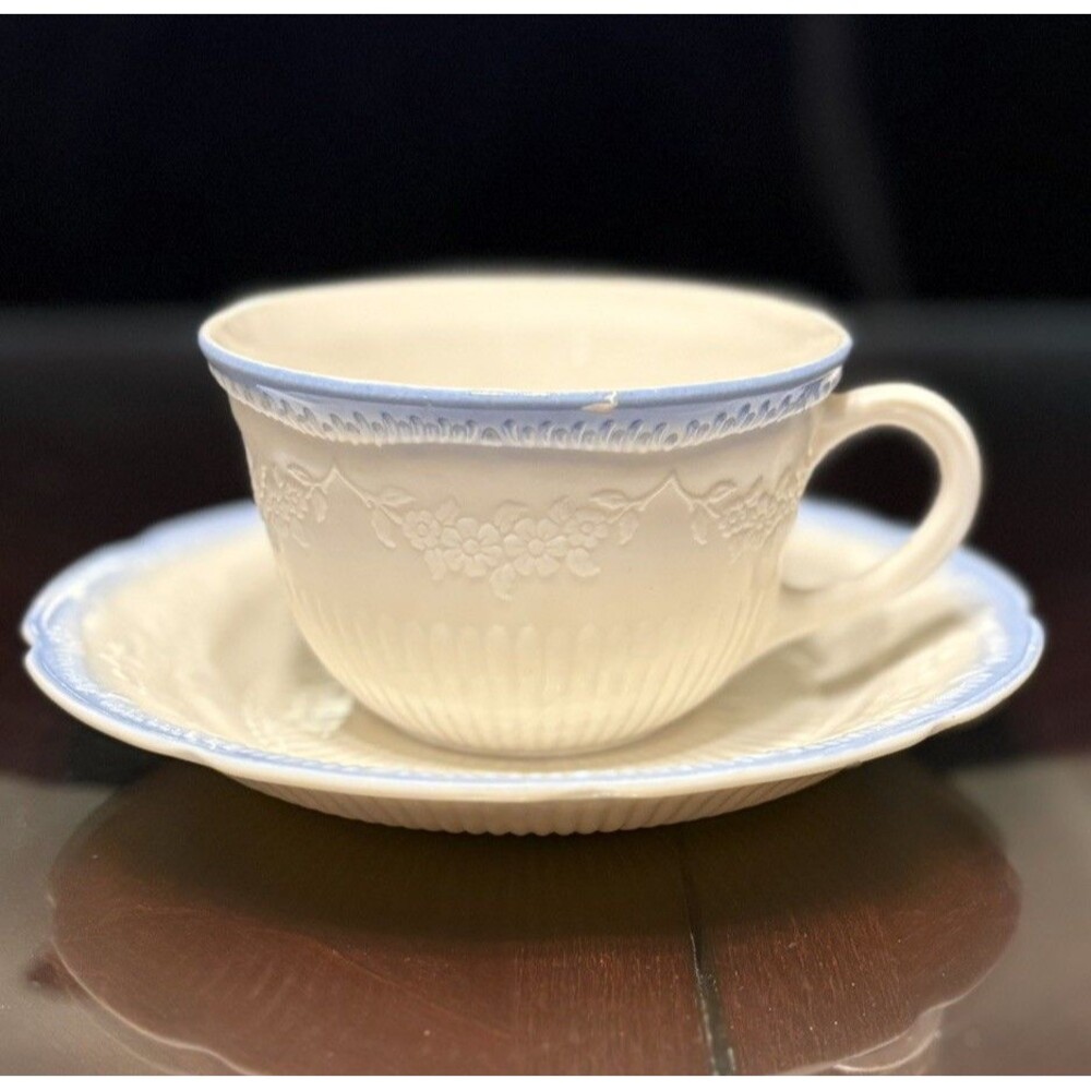 VTG Fire-King Alice Blue Trim Cup & Saucer Anchor Hocking 1940s Depression Glass